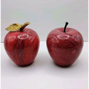 Pair Of Vintage Marble Apple With Stem Figurine Paperweight Red/Maroon Shiny 4"